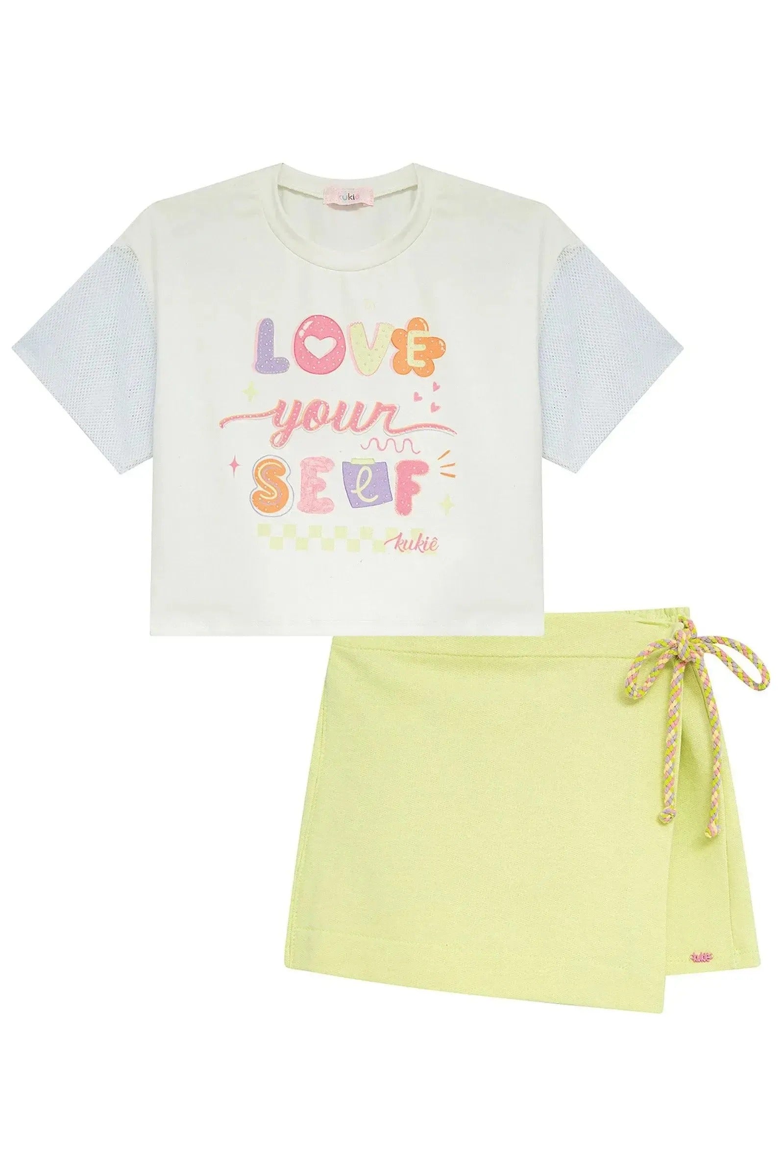 Conjunto Infantil Menina Kukiê com Shorts Saia Verde e Blusa Branca Love Yourself