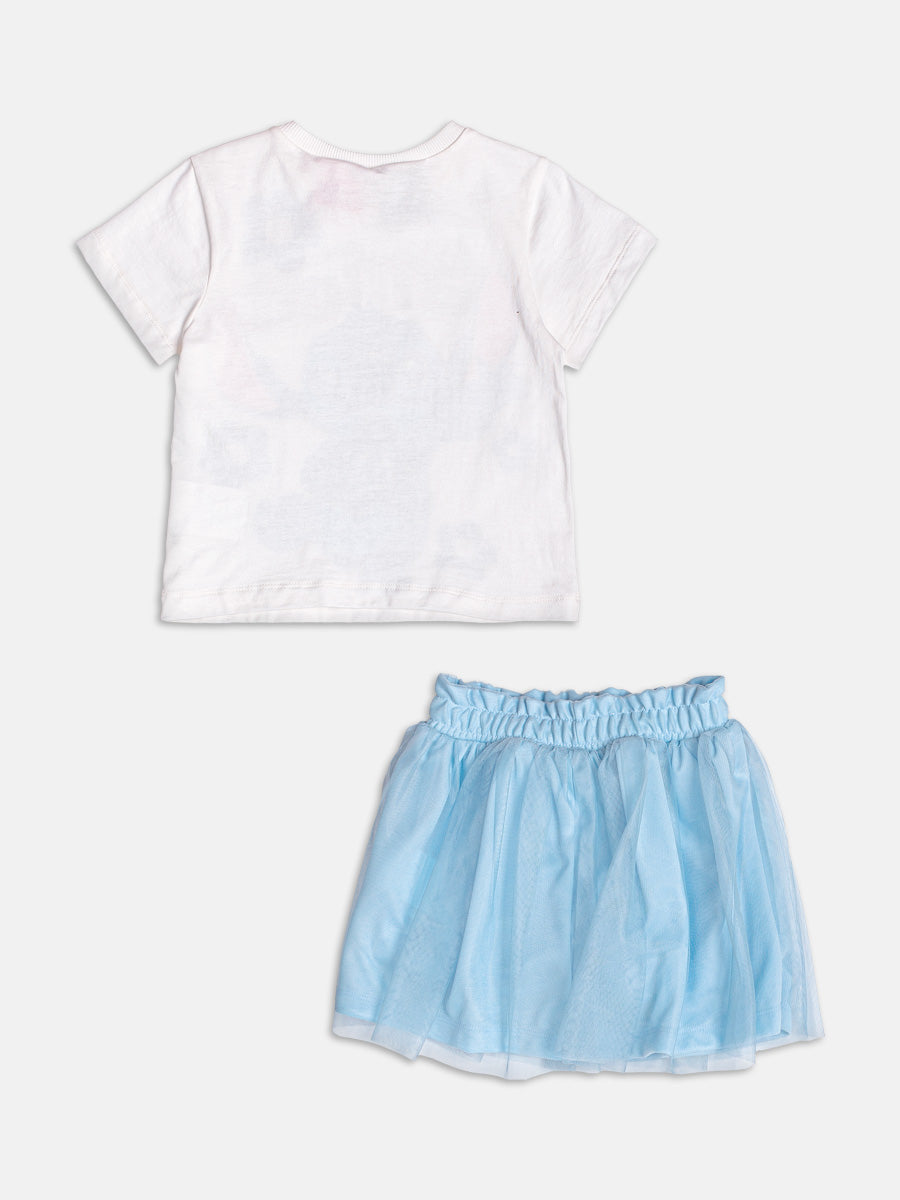 Conjunto Infantil Momi Verão com Saia em Tule Azul e Blusa Branca Stitch Disney