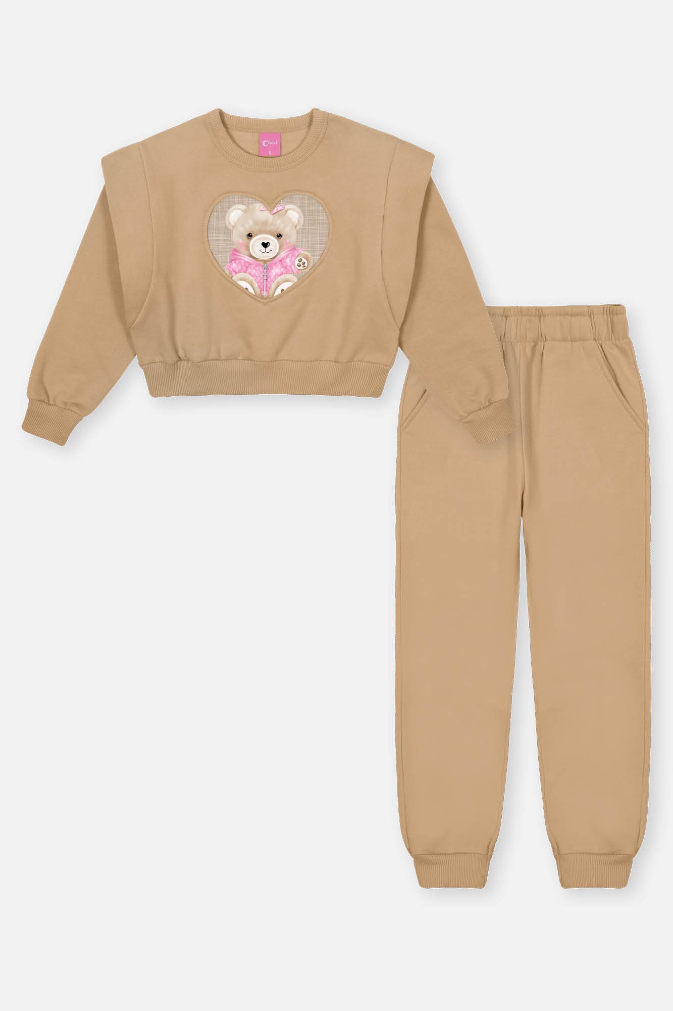 Conjunto Infantil Cinti Inverno Calça e Moletom Flanelado Bege Ursinho Coração