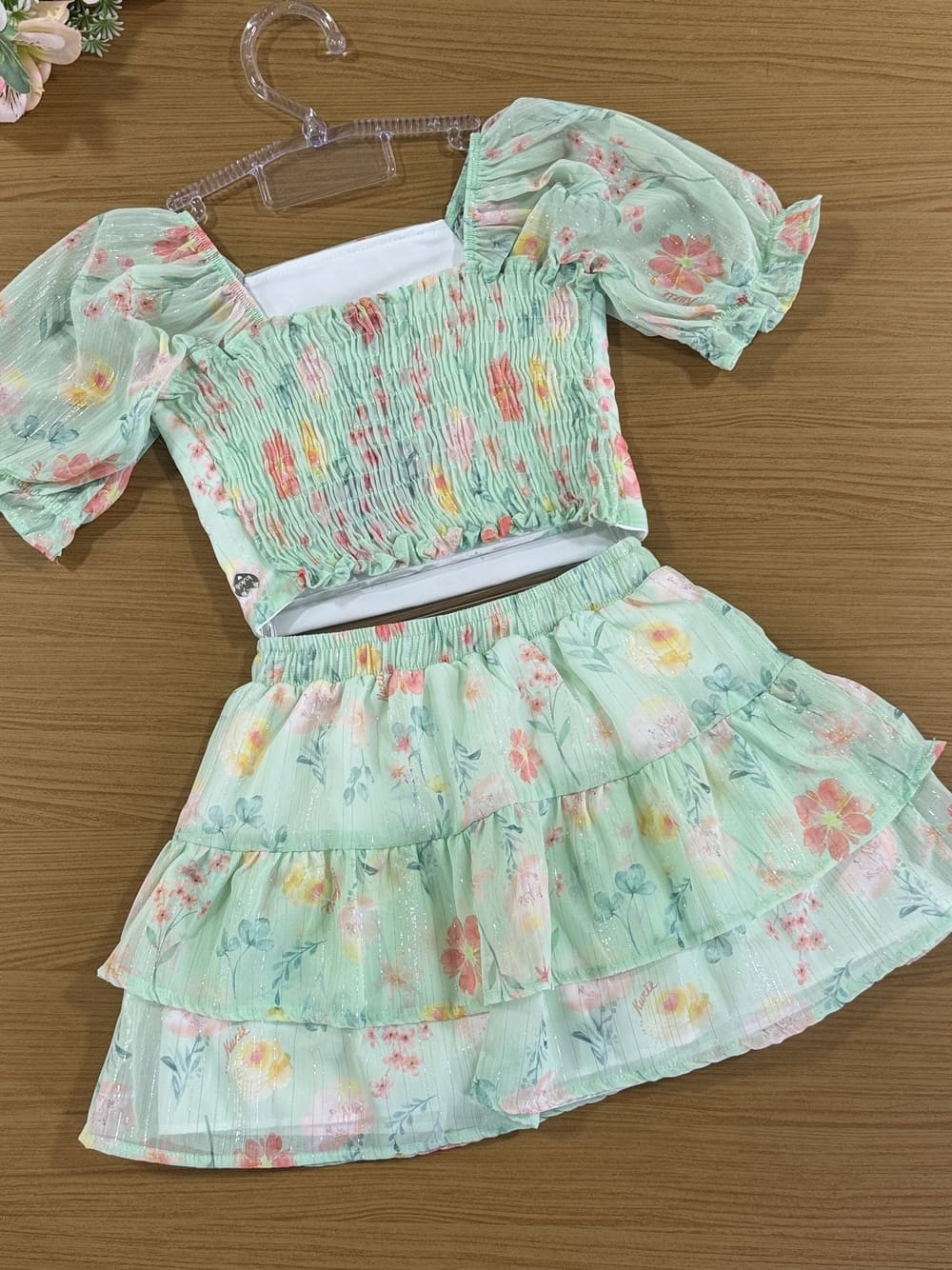 Conjunto Infantil Kukie Verão Saia e Blusa Chiffon Verde Floral