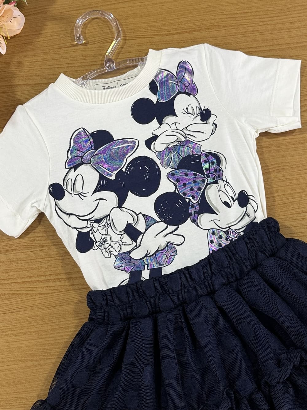 Conjunto Infantil Animê Verão Saia Marinho Tule e Blusa Minnie Disney