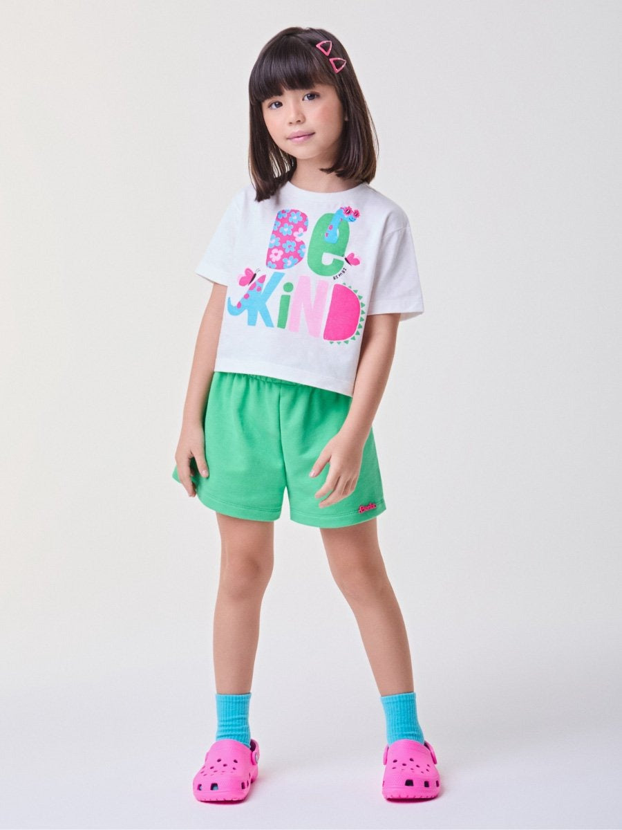 Conjunto Infantil Bimbi Verão com Shorts Verde e Blusa Branca Maçãzinha Be Kind