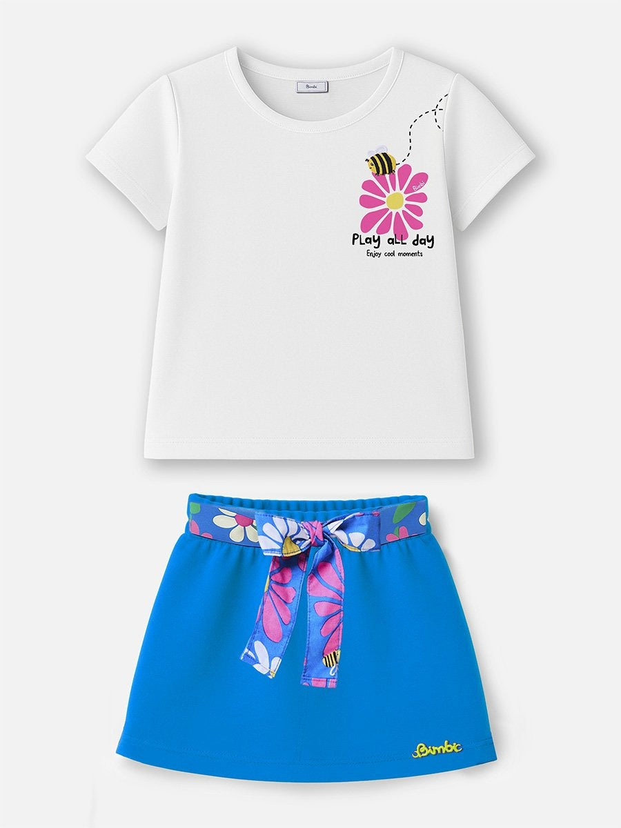 Conjunto Infantil Bimbi Verão Shorts Saia Azul com Laço e Blusa Branca Abelhinha Floral