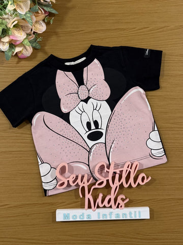 Blusa Infantil Animê Inverno Preta Minnie com Strass