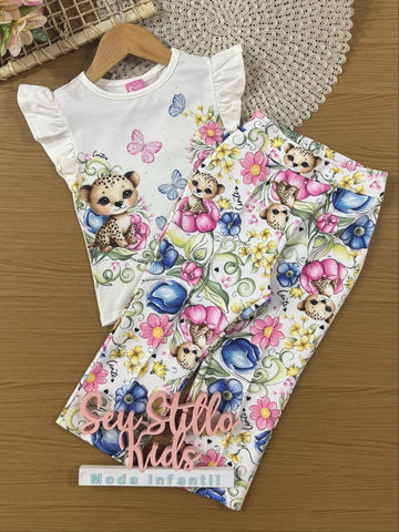 Conjunto Infantil Cinti Verão com Calça e Blusa Branca Oncinha Floral