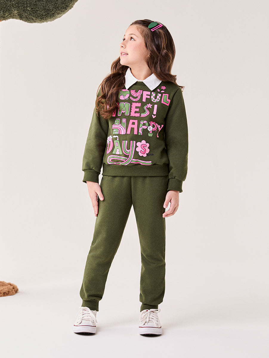 Conjunto Infantil Bimbi Inverno com Calça e Moletom Flanelado Verde Happy