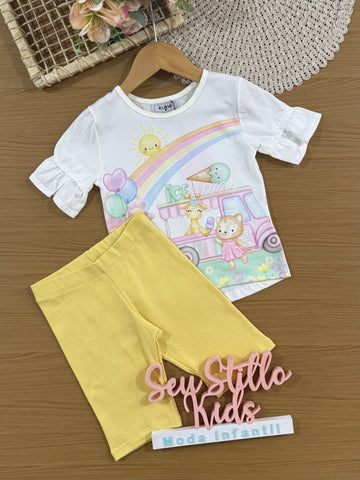 Conjunto Infantil Kukiê com Shorts Ciclista Amarelo e Blusa Manga Curta Sorvete