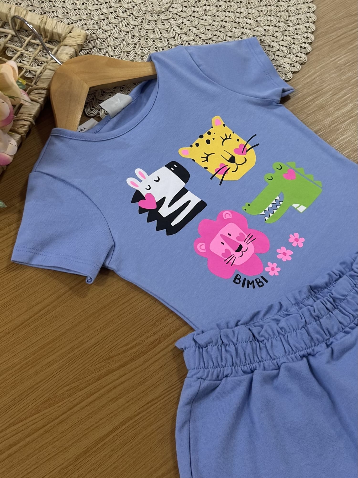 Conjunto Infantil Bimbi Verão com Shorts Saia e Blusa Azul Animais