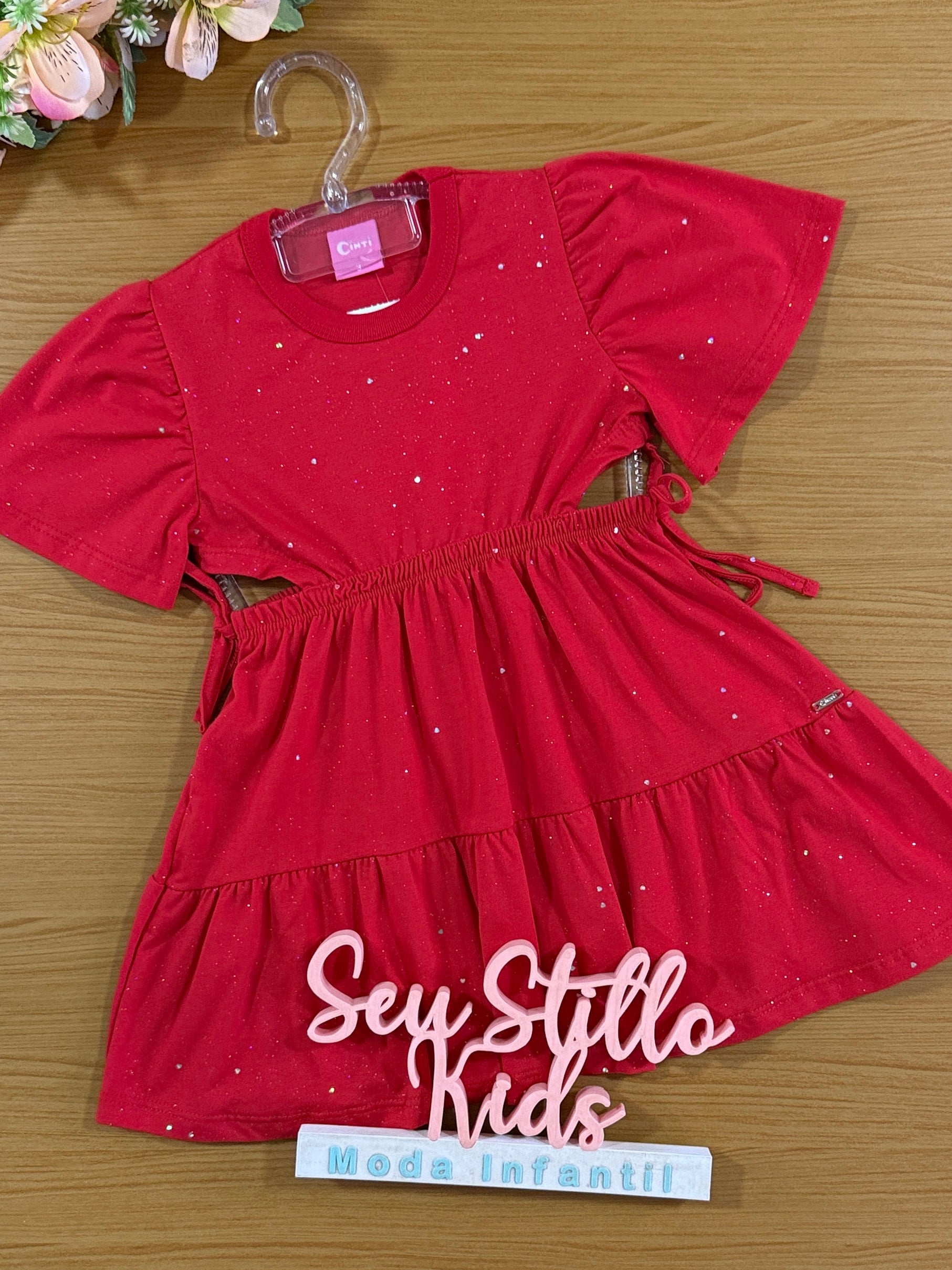 Vestido Infantil Cinti Verão Vermelho Brilho Natal