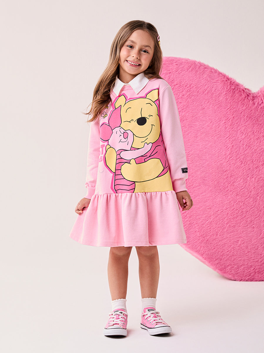 Vestido Infantil Bimbi Inverno Rosa Ursinho Pooh e Leitão Disney