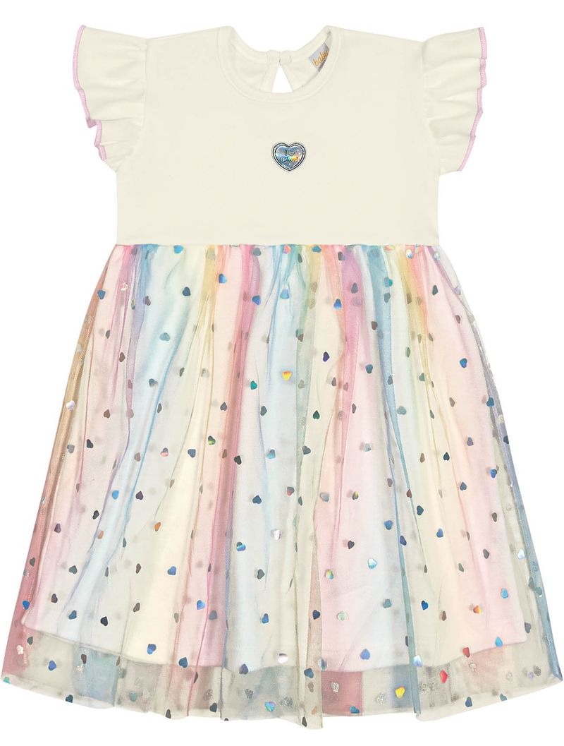 Vestido Infantil Cinti Verão com Tule Corações Arco Íris