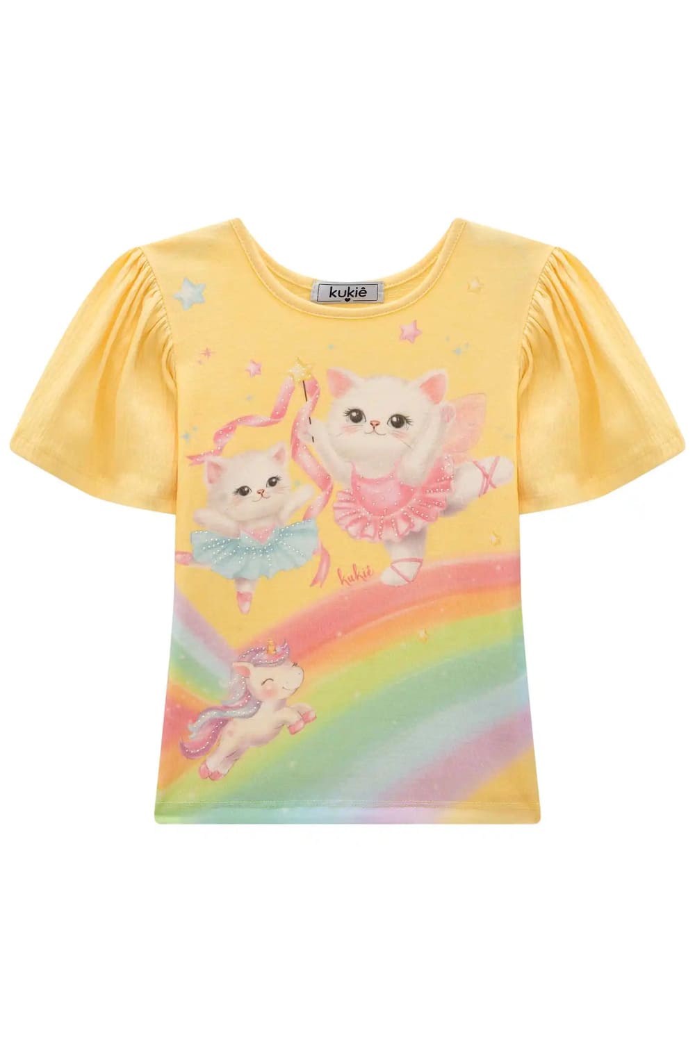 Blusa Infantil Kukie Verão Amarela Gatinha Bailarina