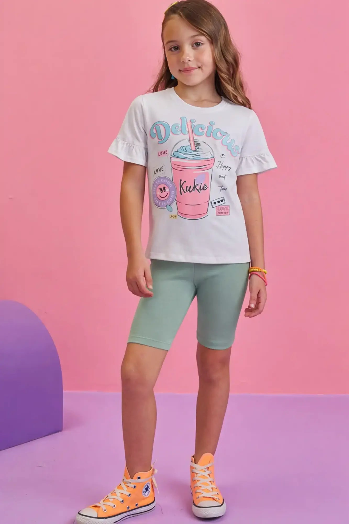 Conjunto Infantil Kukie Com Shorts Cliclista e Blusa Manga Curta Branca Sorvete
