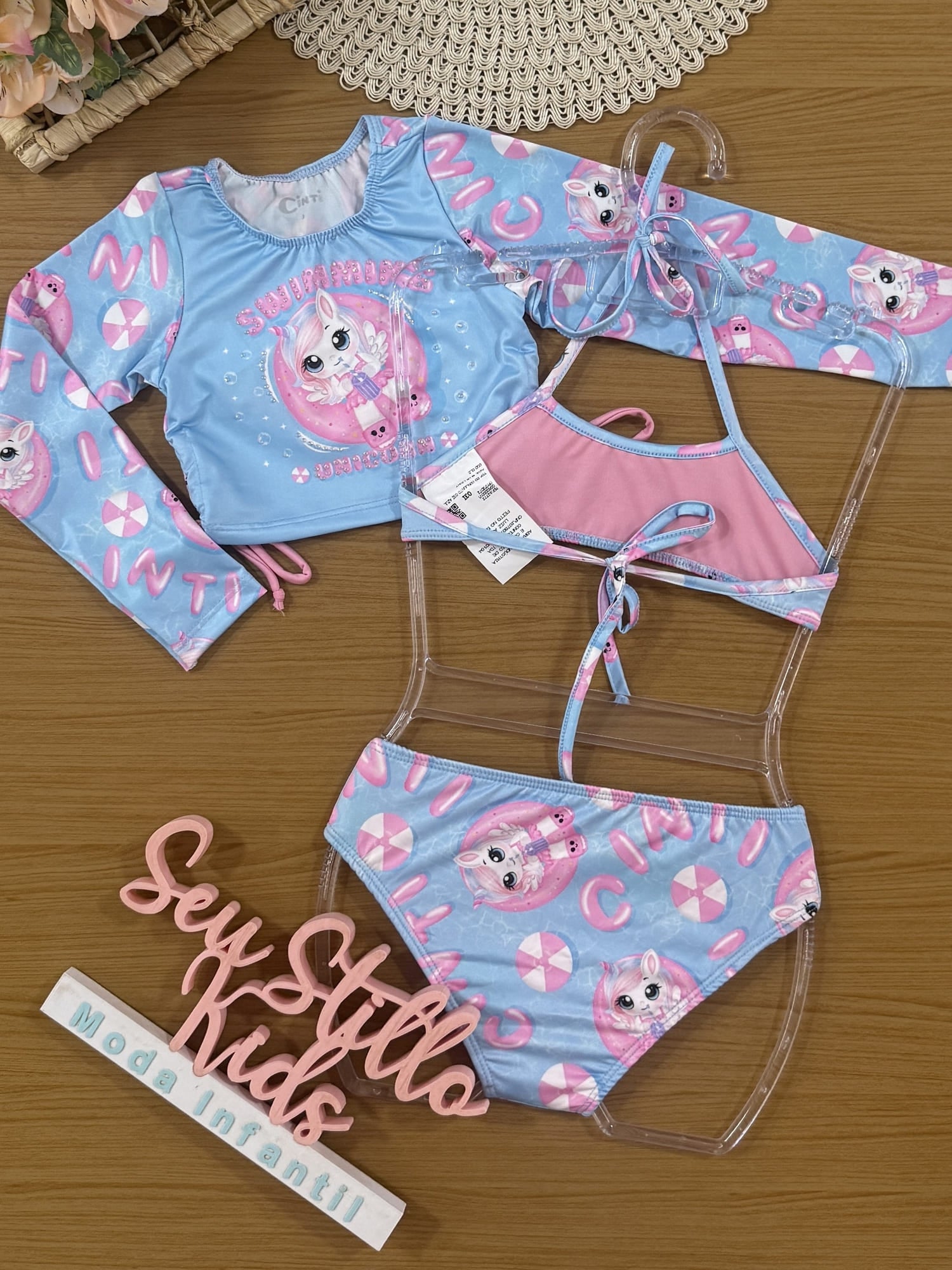 Biquíni Infantil Cinti Verão com Blusa Manga Longa Azul Unicórnio