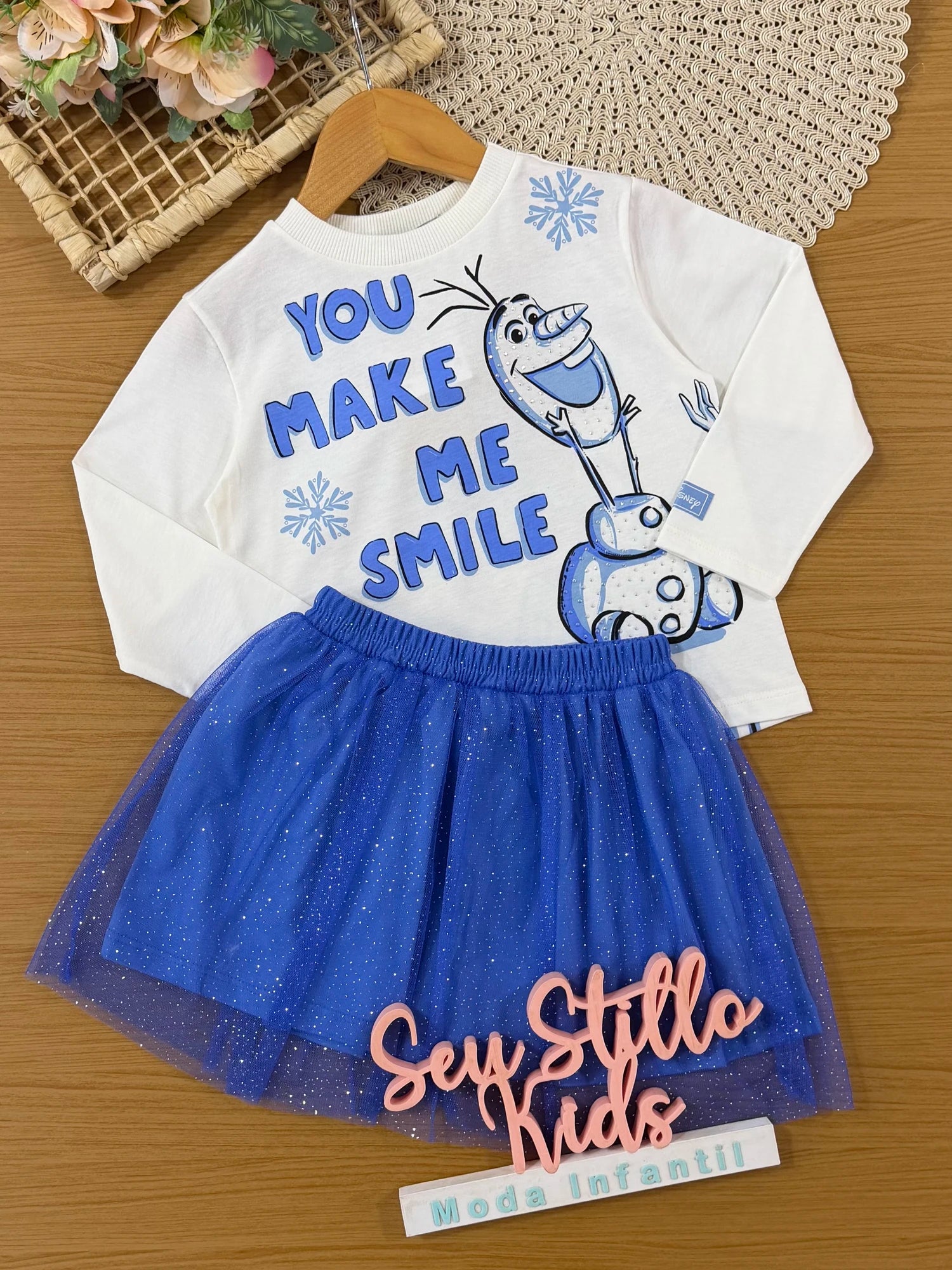 Conjunto Infantil Bimbi Inverno com Saia Azul em Tule e Blusa Manga Longa Olaf Strass Disney