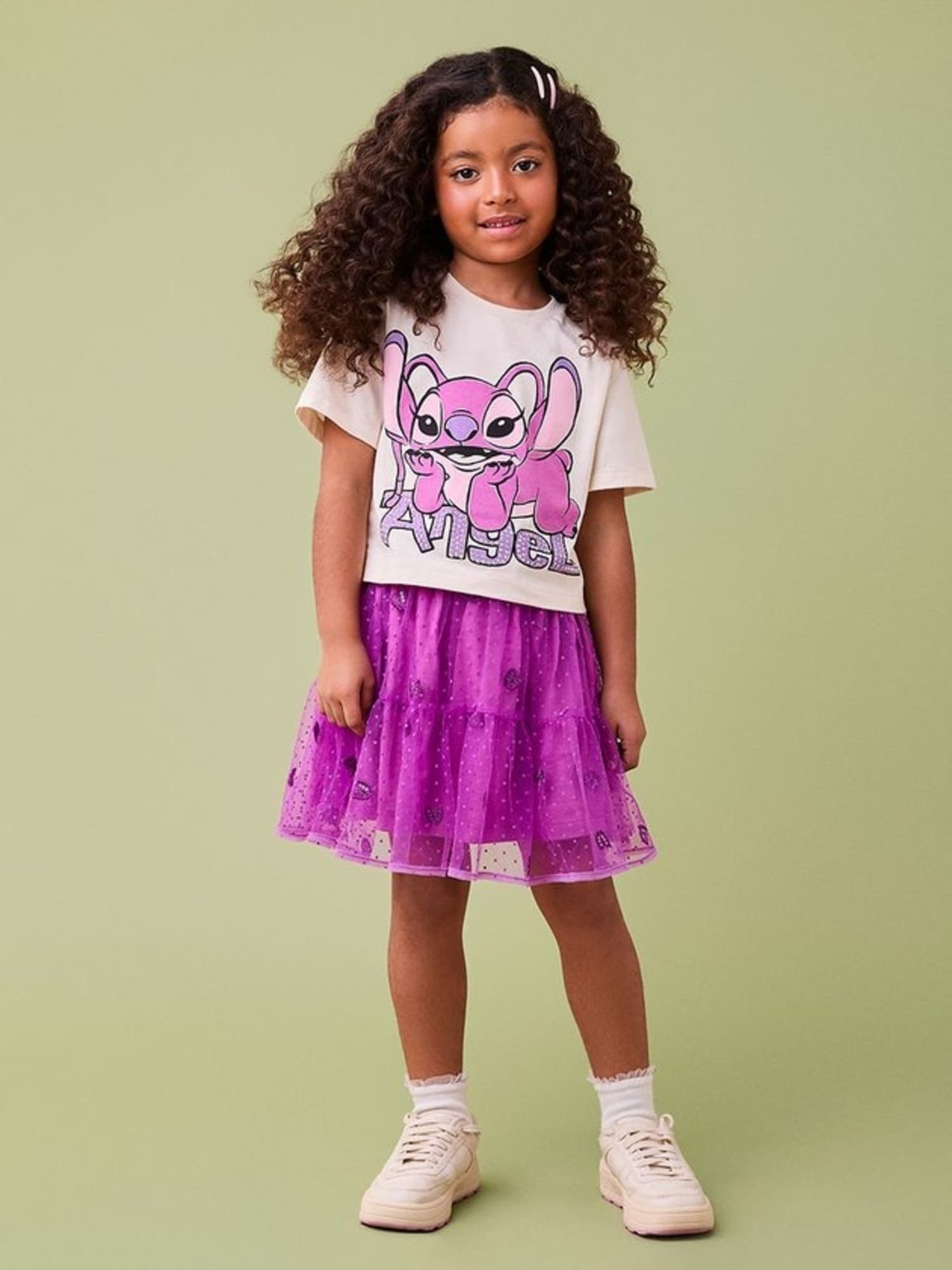 Conjunto Infantil Momi com Saia Roxa e Blusa Bege Angel com Strass Disney