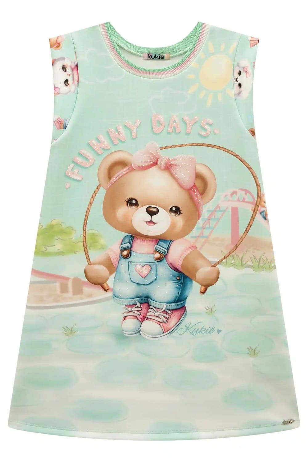 Vestido Infantil Kukie Verão Verde Ursinha