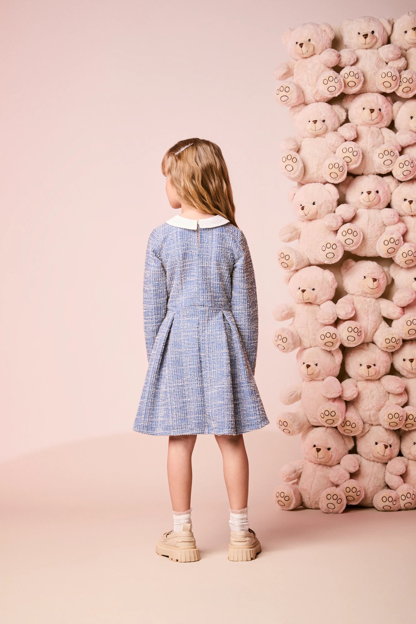 Vestido Infantil Momi Inverno Azul Tweed com Gola