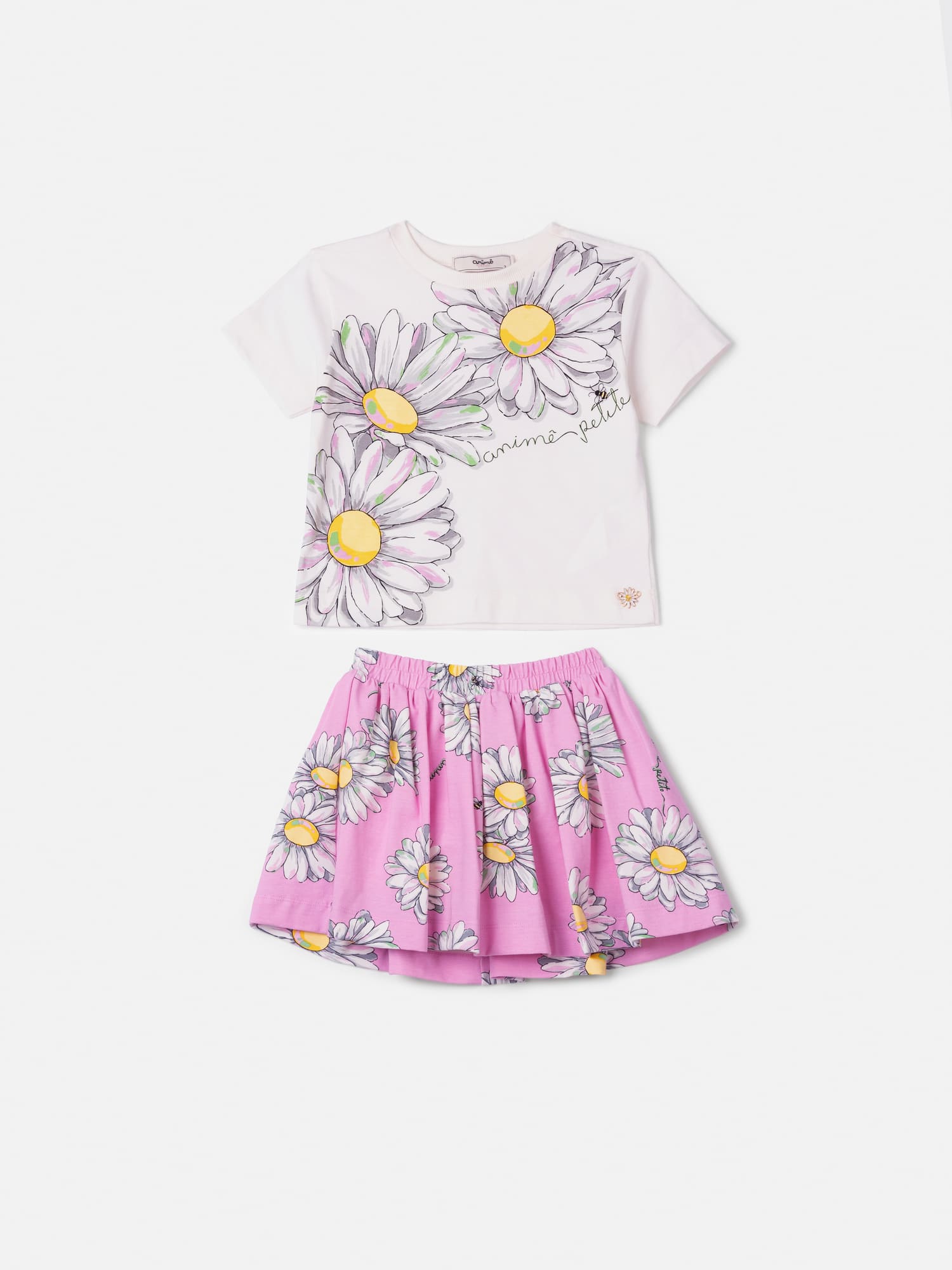 Conjunto Infantil Animê Verão com Saia Rosa e Blusa Branca Floral