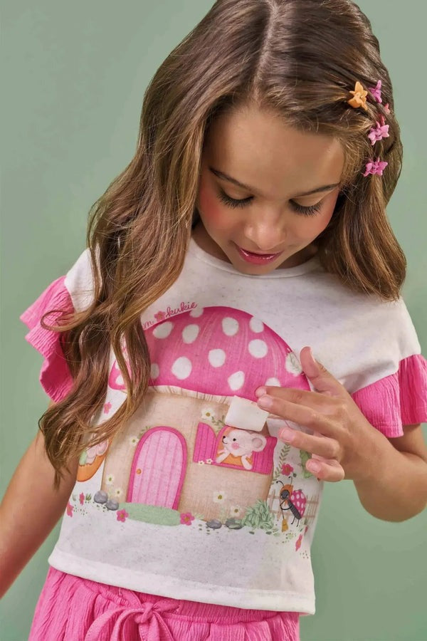 Conjunto Infantil Kukiê Verão com Shorts Rosa e Blusa Off White Casinha Cogumelo