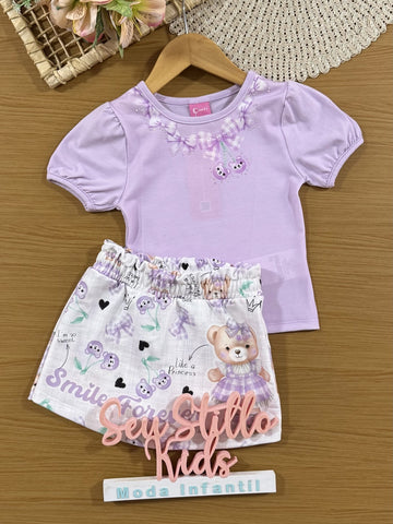 Conjunto Infantil Cinti Verão com Shorts Saia e Blusa Lilás Lacinhos