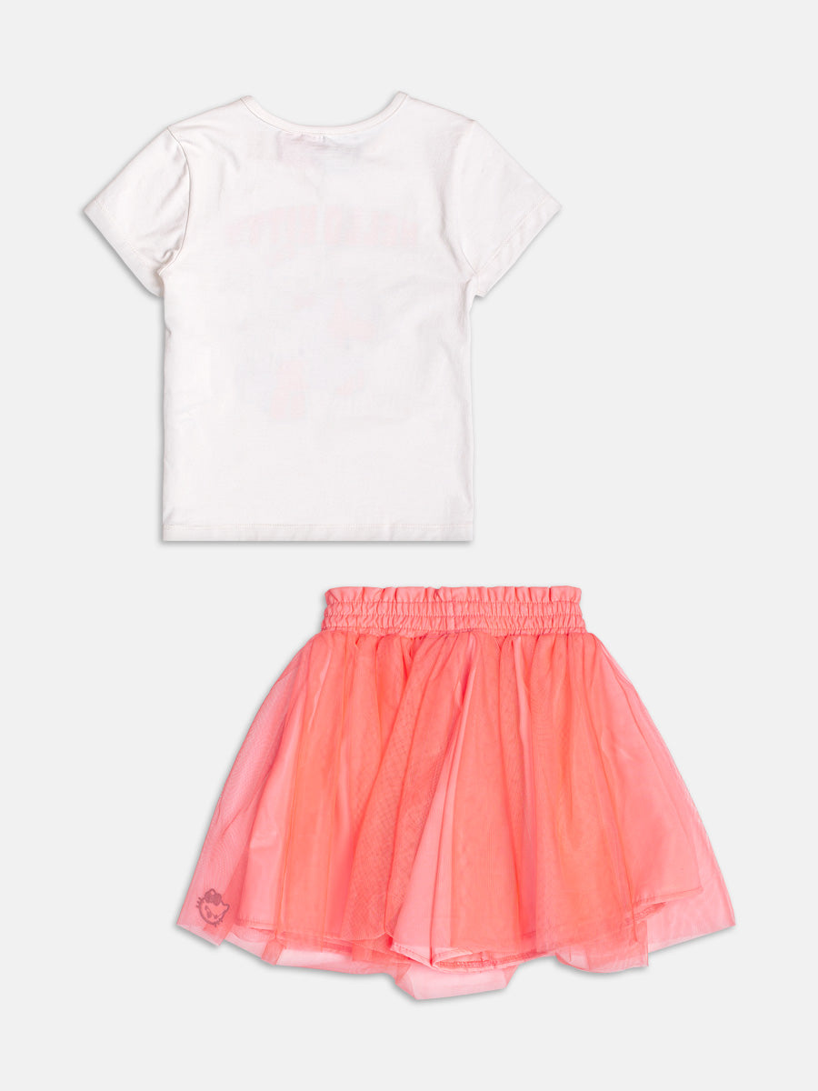 Conjunto Infantil Momi Verão com Saia Rosa em Tule e Blusa Branca Hello Kitty Unicórnio