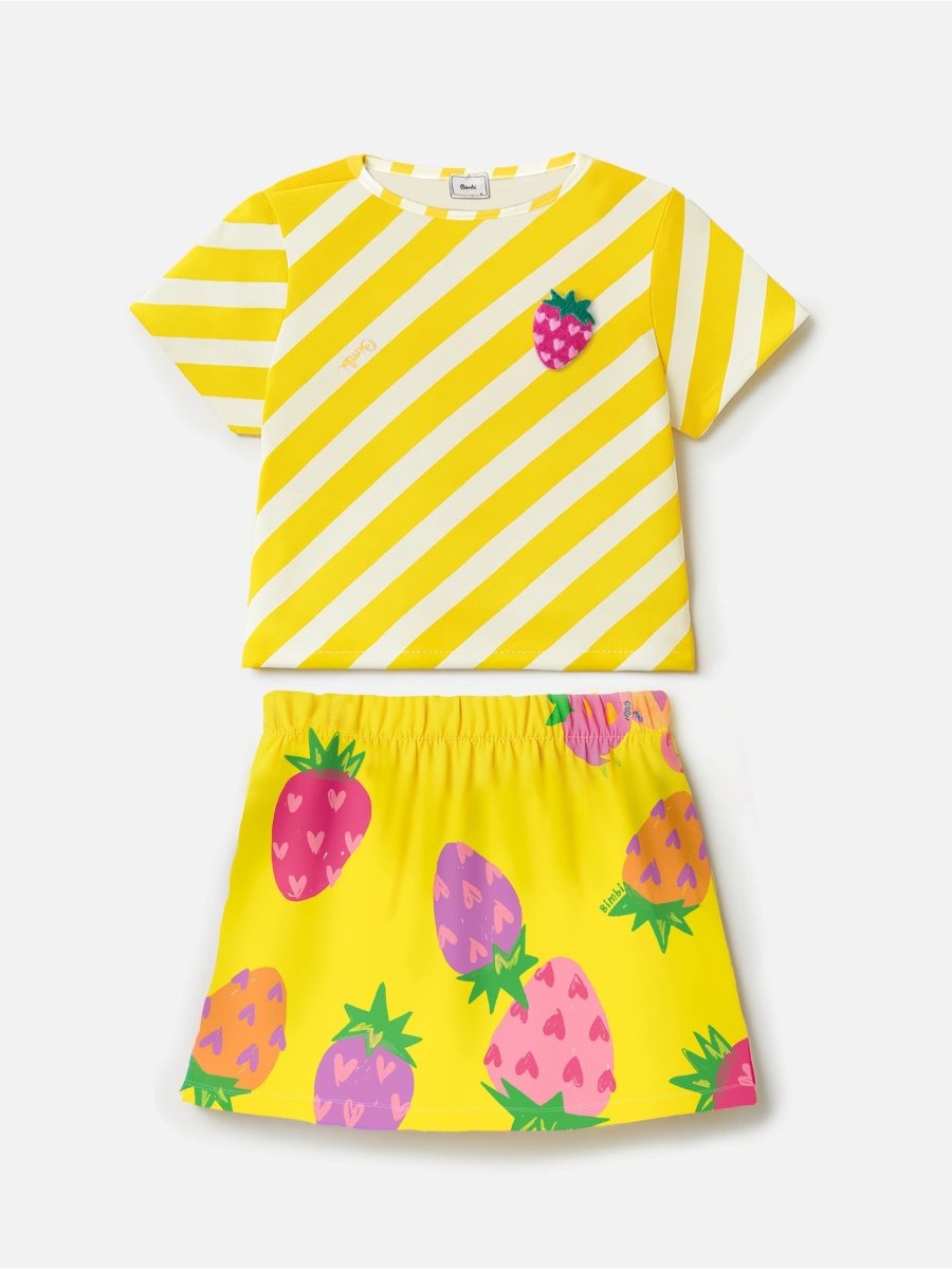 Conjunto Infantil Bimbi Verão com Saia e Blusa Amarela Listrada Moranguinho