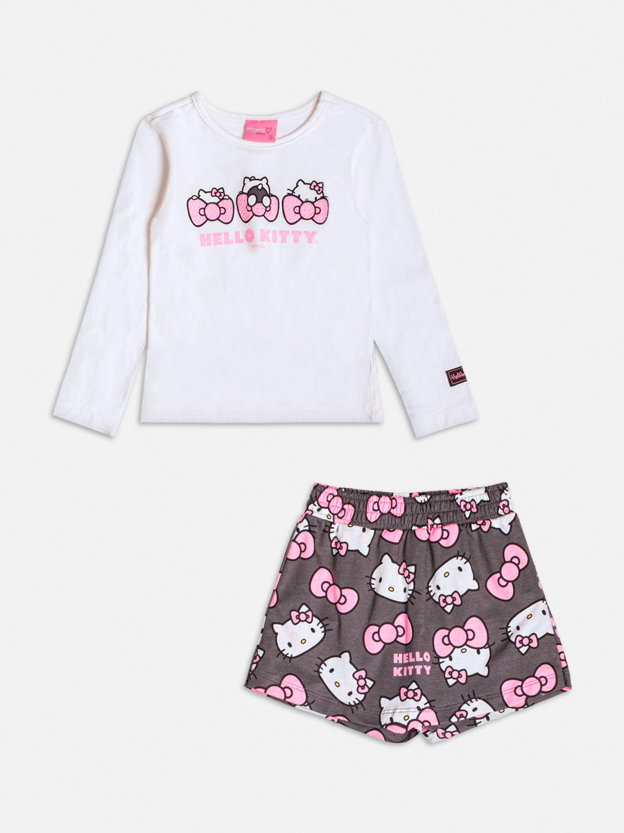 Conjunto Infantil Momi Short Saia Cinza e Blusa Manga Longa Hello Kitty