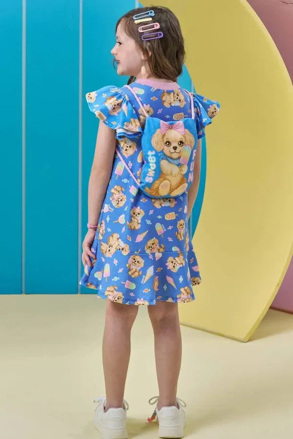 Vestido Infantil Kukiê com Bolsinha Azul Cachorrinha