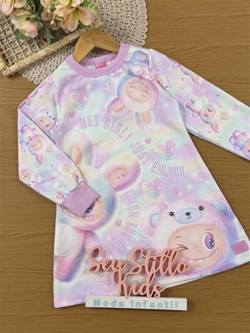 Vestido Infantil Cinti Inverno Flanelado Colorido Labubu Corações