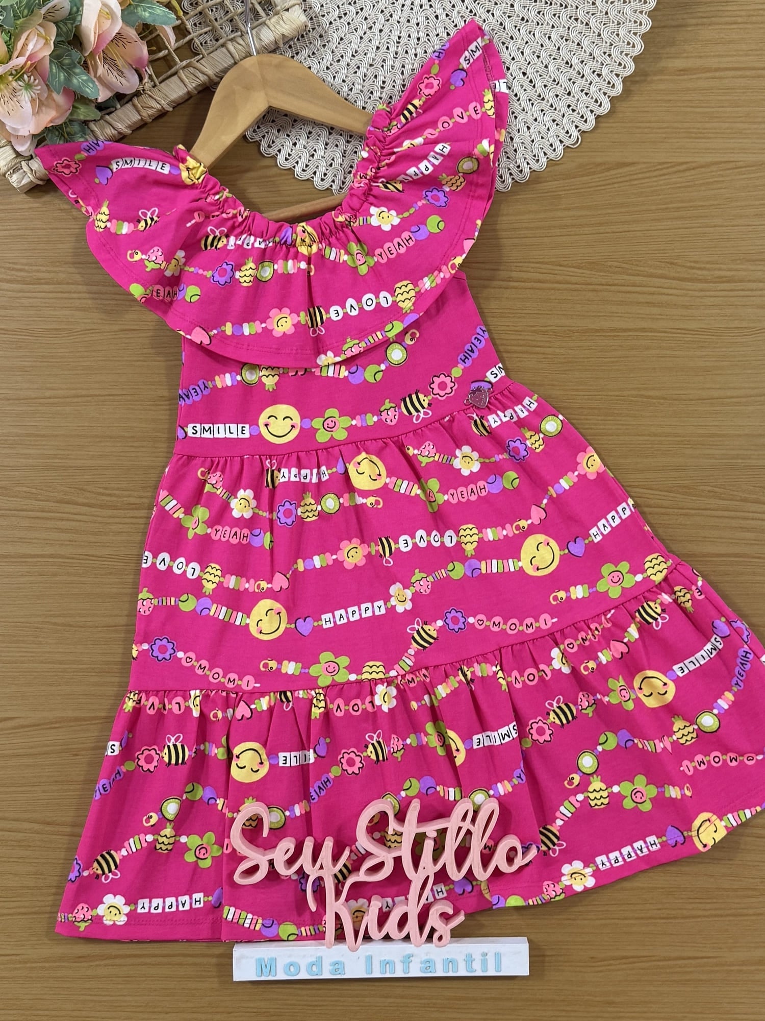 Vestido Infantil Momi Verão Rosa Pulseirinhas