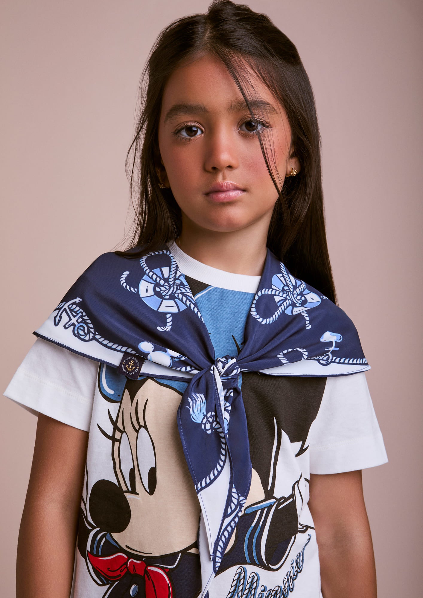 Vestido Infantil Animê Verão Branco Minnie com Lenço Disney