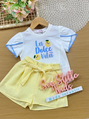 Conjunto Infantil Menina Kukiê com Shorts Amarelo e Blusa Branca La Dolce Vita