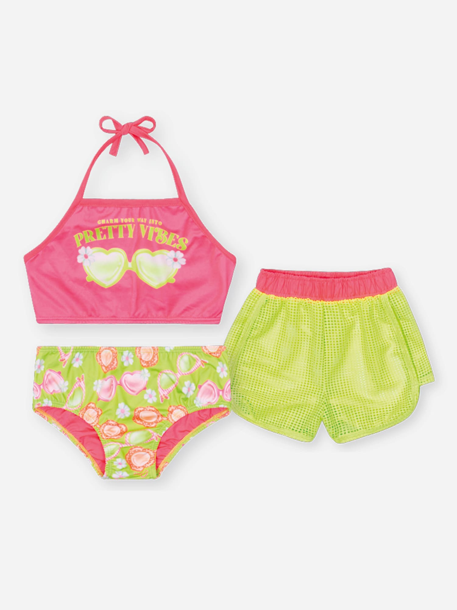 Biquíni Infantil Cinti Verão Rosa com Shorts Verde Neon Pretty Vibes