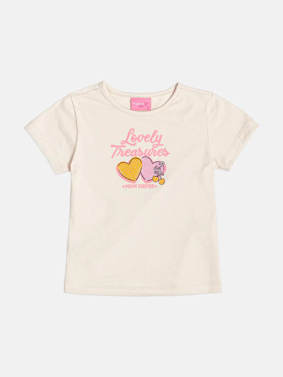 Conjunto Infantil Menina Momi com Short-Saia Rosa e Blusa Bege Corações Strass