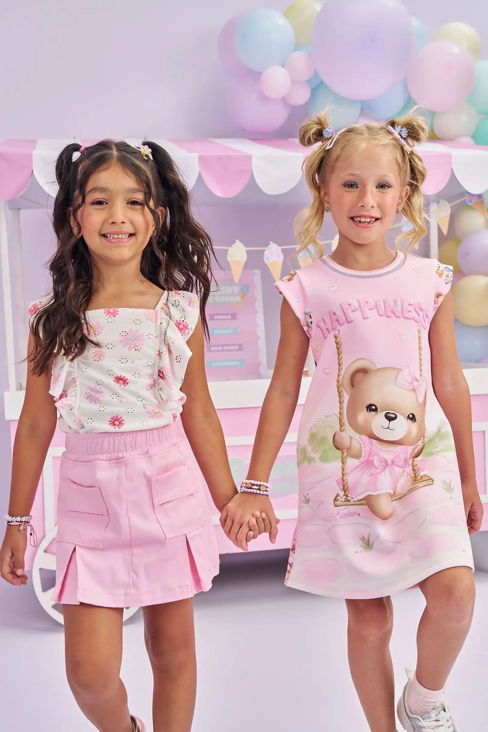 Conjunto Infantil Kukie Verão Shorts Saia Rosa e Blusa Boxy Flores