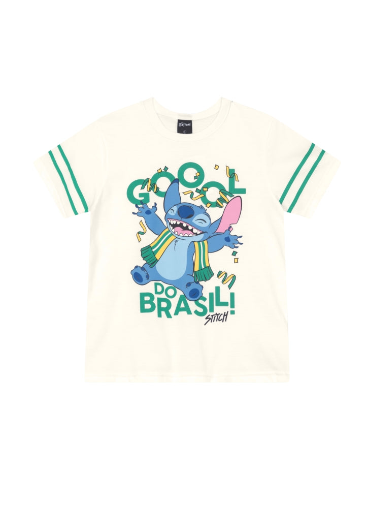 Blusa Infantil Brandili Inverno Manga Curta Branca Stitch Copa Brasil Disney