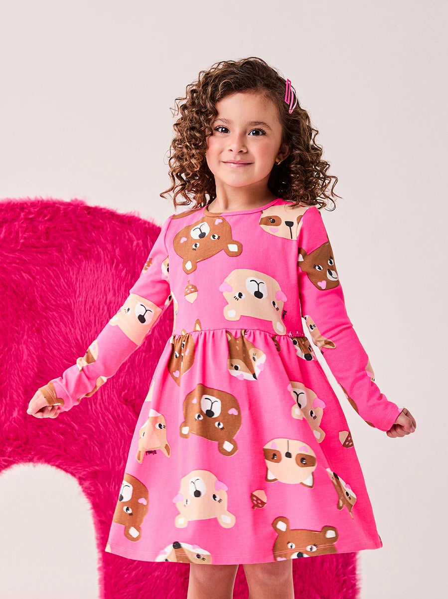Vestido Infantil Bimbi Inverno Rosa Bichinhos
