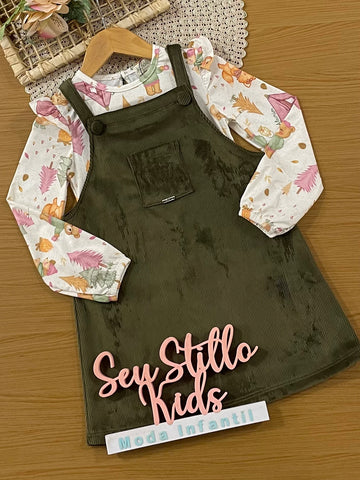 Salopete Infantil Kukiê Inverno Verde com Blusa Manga Longa Bichinhos