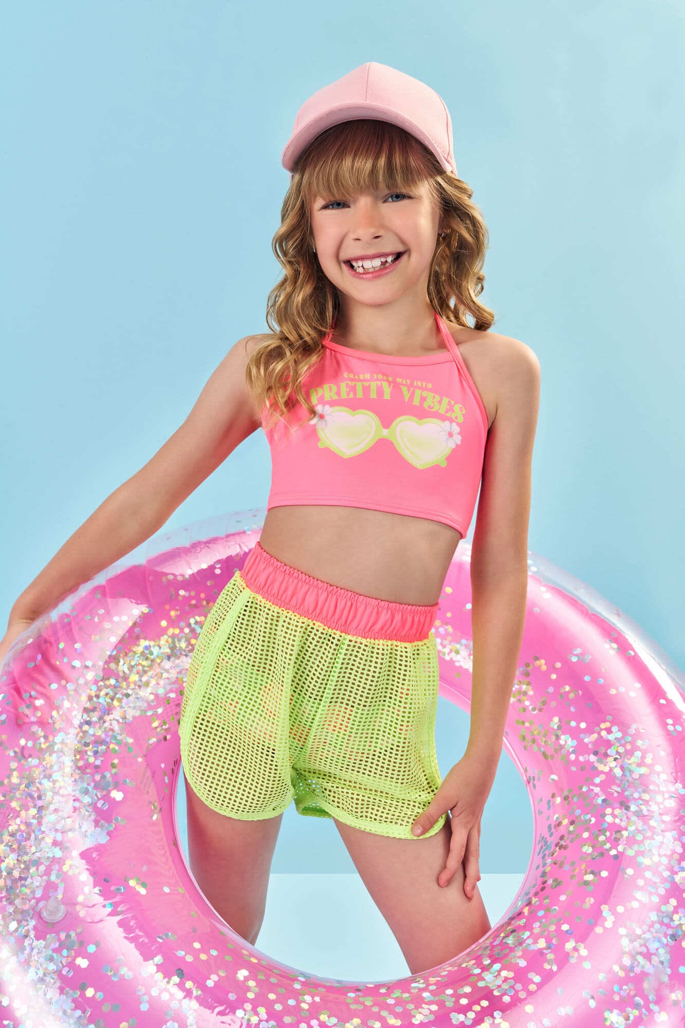 Biquíni Infantil Cinti Verão Rosa com Shorts Verde Neon Pretty Vibes