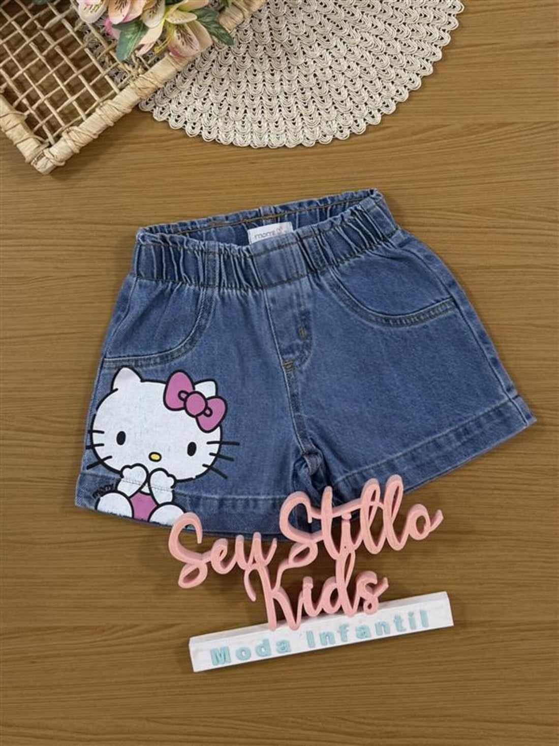 Shorts Infantil Momi Verão Jeans Hello Kitty