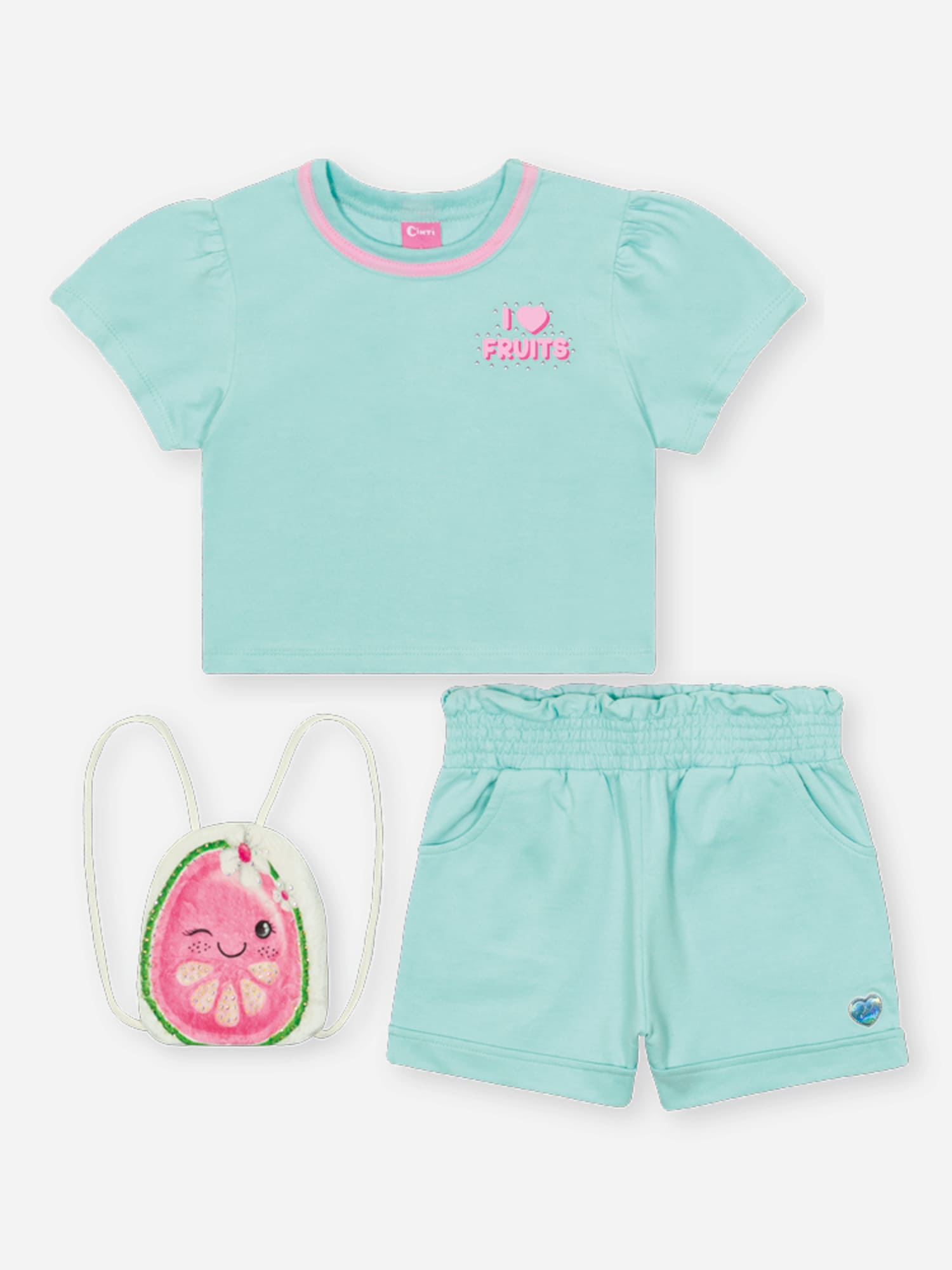 Conjunto Infantil Cinti Verão com Shorts e Blusa Azul Fruits com Bolsinha