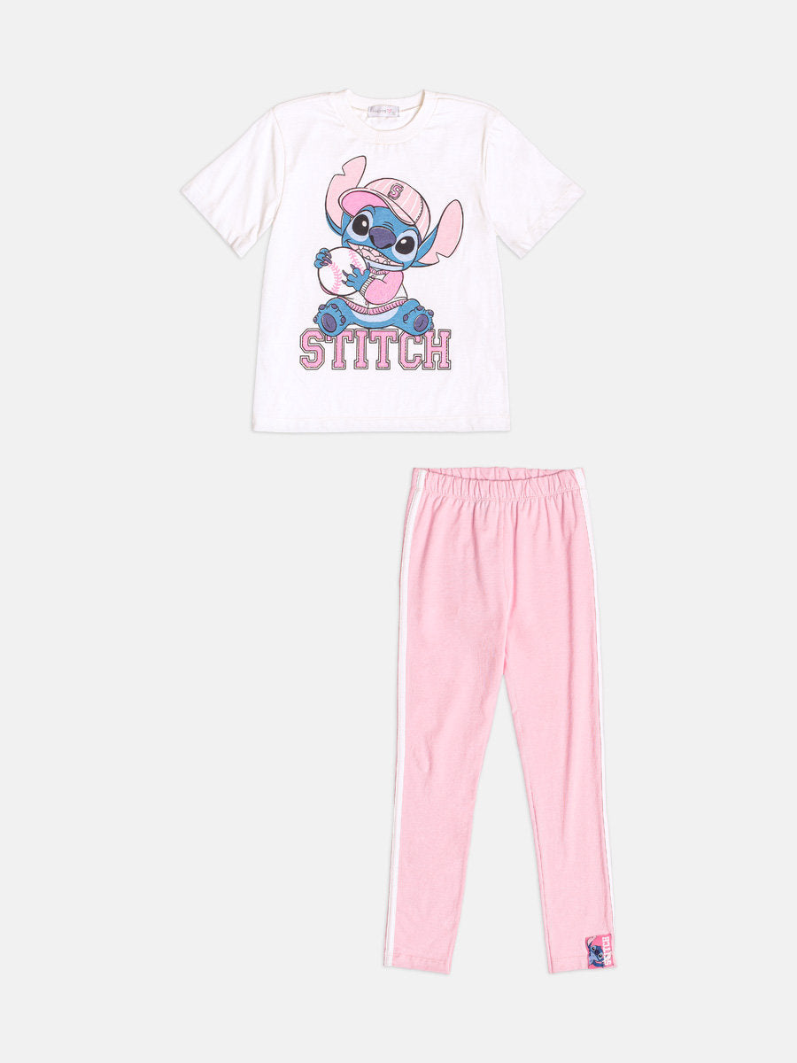 Conjunto Infantil Momi Inverno com Calça Legging Rosa  e Blusa Manga Curta Stitch Tênista