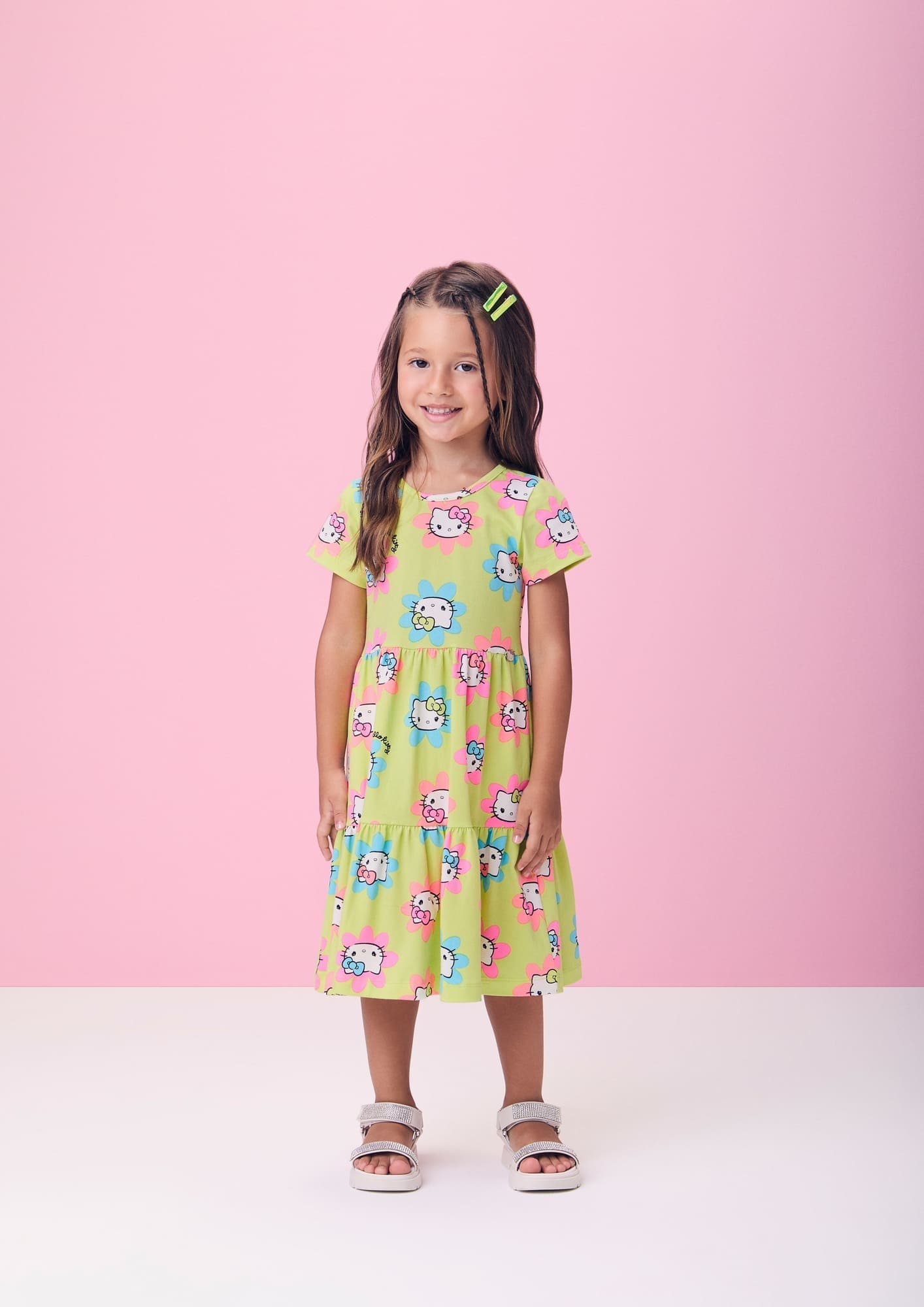 Vestido Infantil Momi Verão Florzinha Hello Kitty Verde