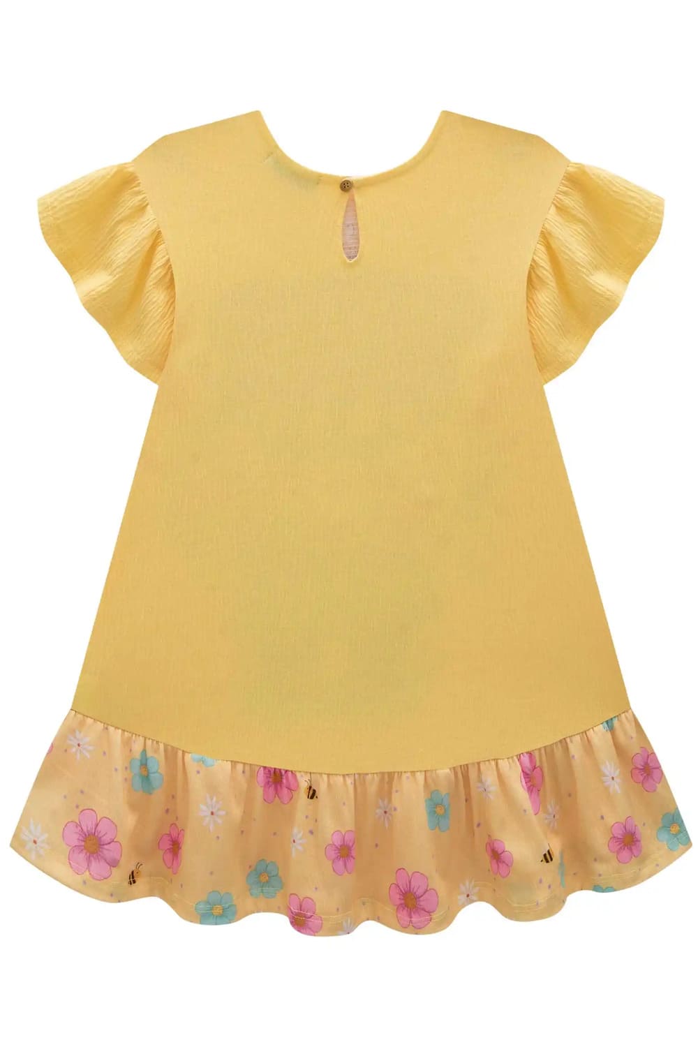 Vestido Infantil Kukie Verão Amarelo Ursinha Flores