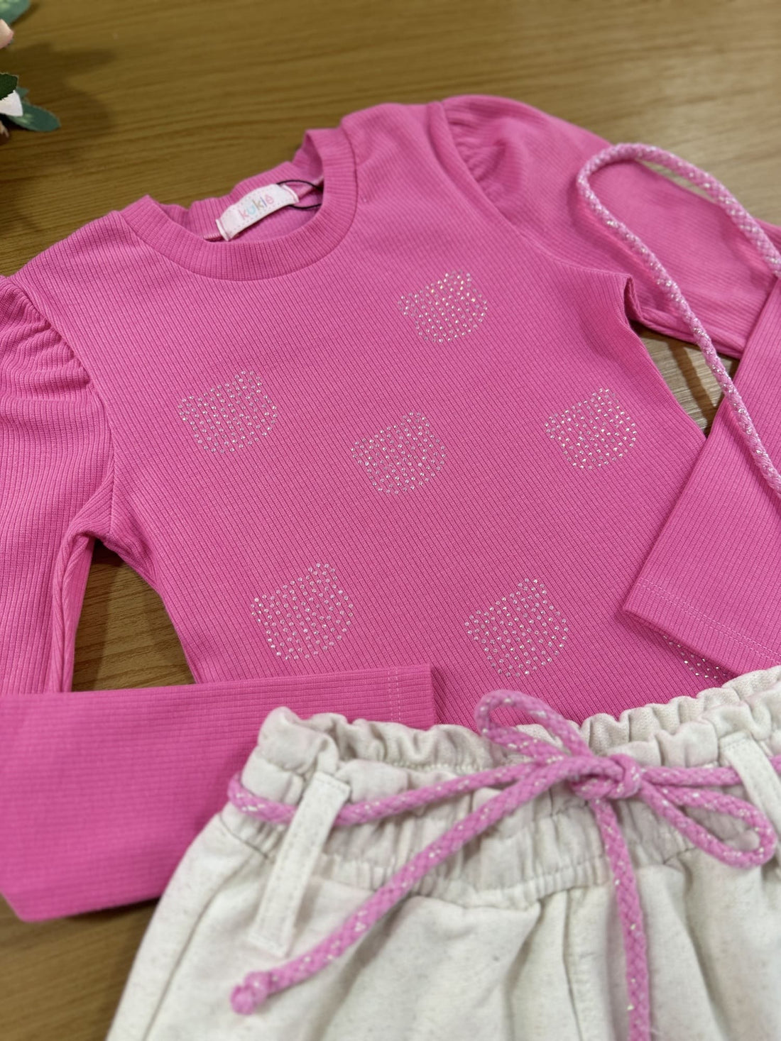 Conjunto Infantil Kukiê Inverno Short Saia e Blusa Rosa Brilhos com Bolsinha