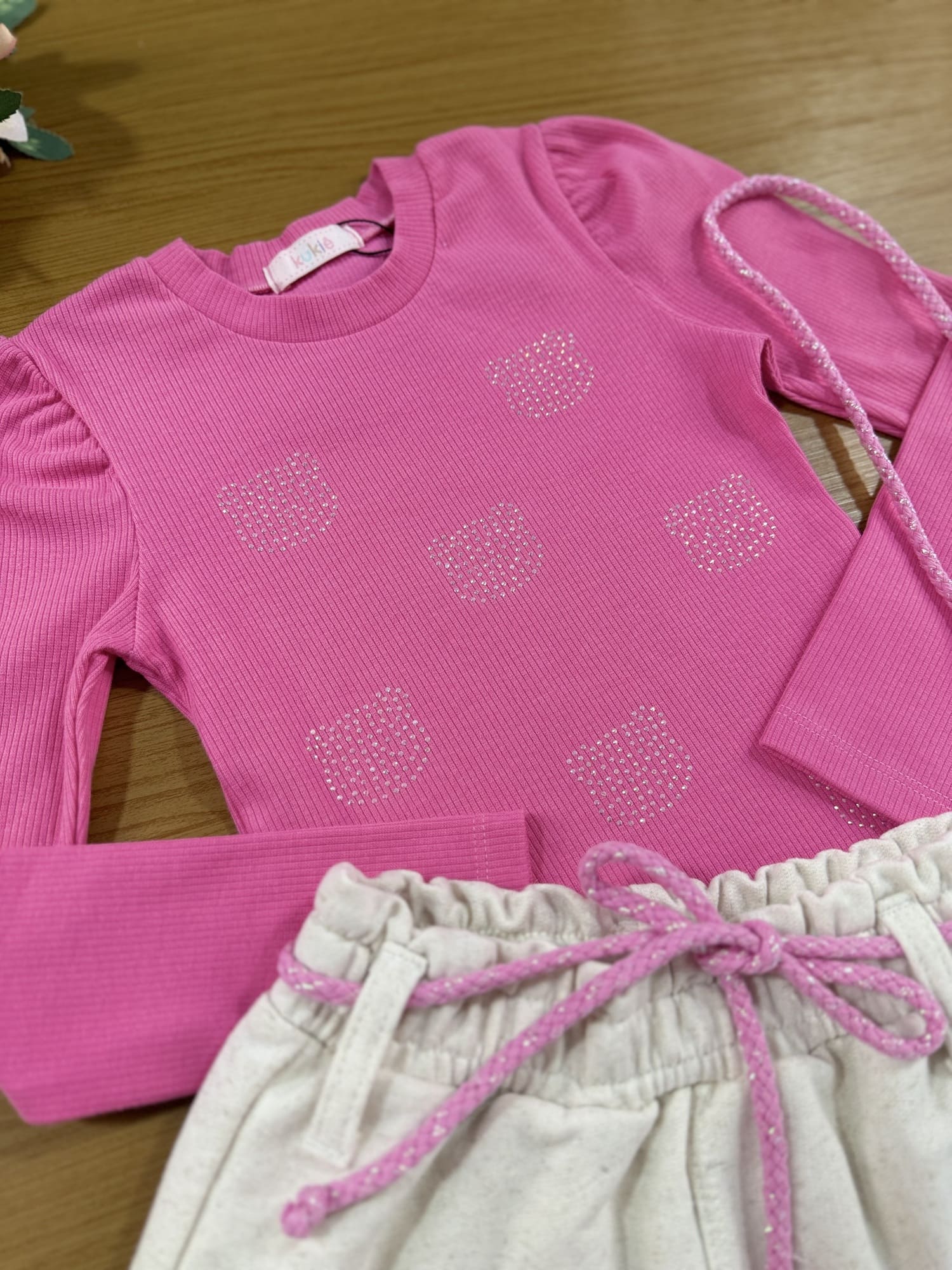 Conjunto Infantil Kukiê Inverno Short Saia e Blusa Rosa Brilhos com Bolsinha