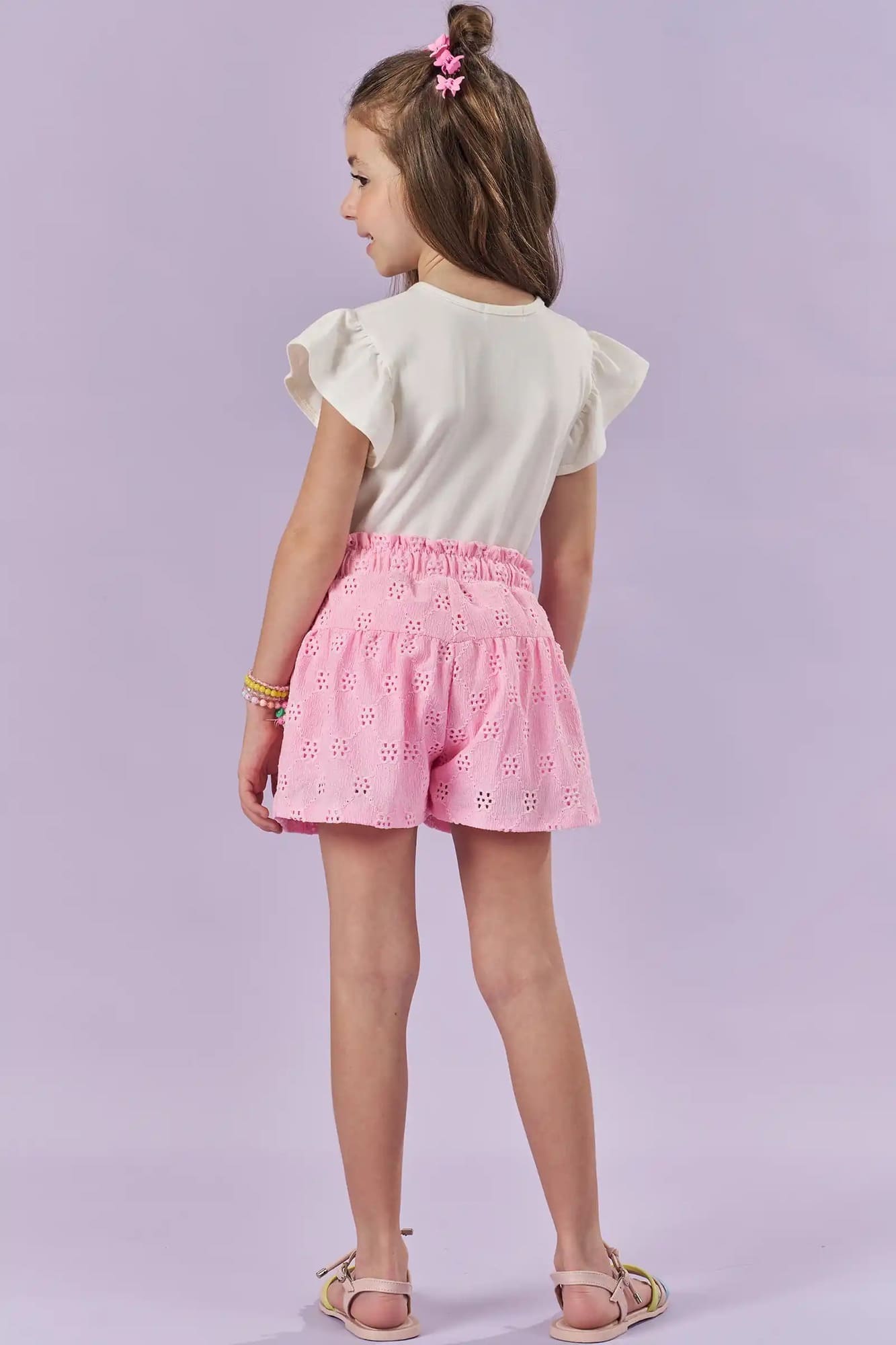 Conjunto Infantil Kukiê Verão com Shorts Rosa e Blusa Branca Gatinha