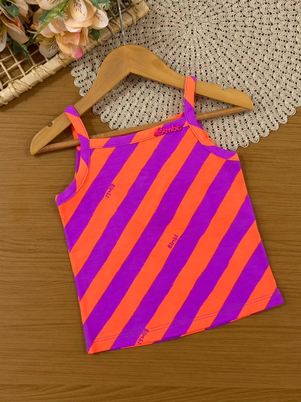 Conjunto Infantil Menina Bimbi Shorts e Blusa Listrada Laranja e Roxo