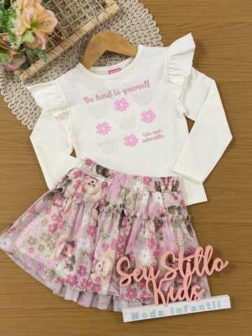 Conjunto Infantil Cinti Inverno com Saia em Tule e Blusa Manga Longa Florzinha Strass